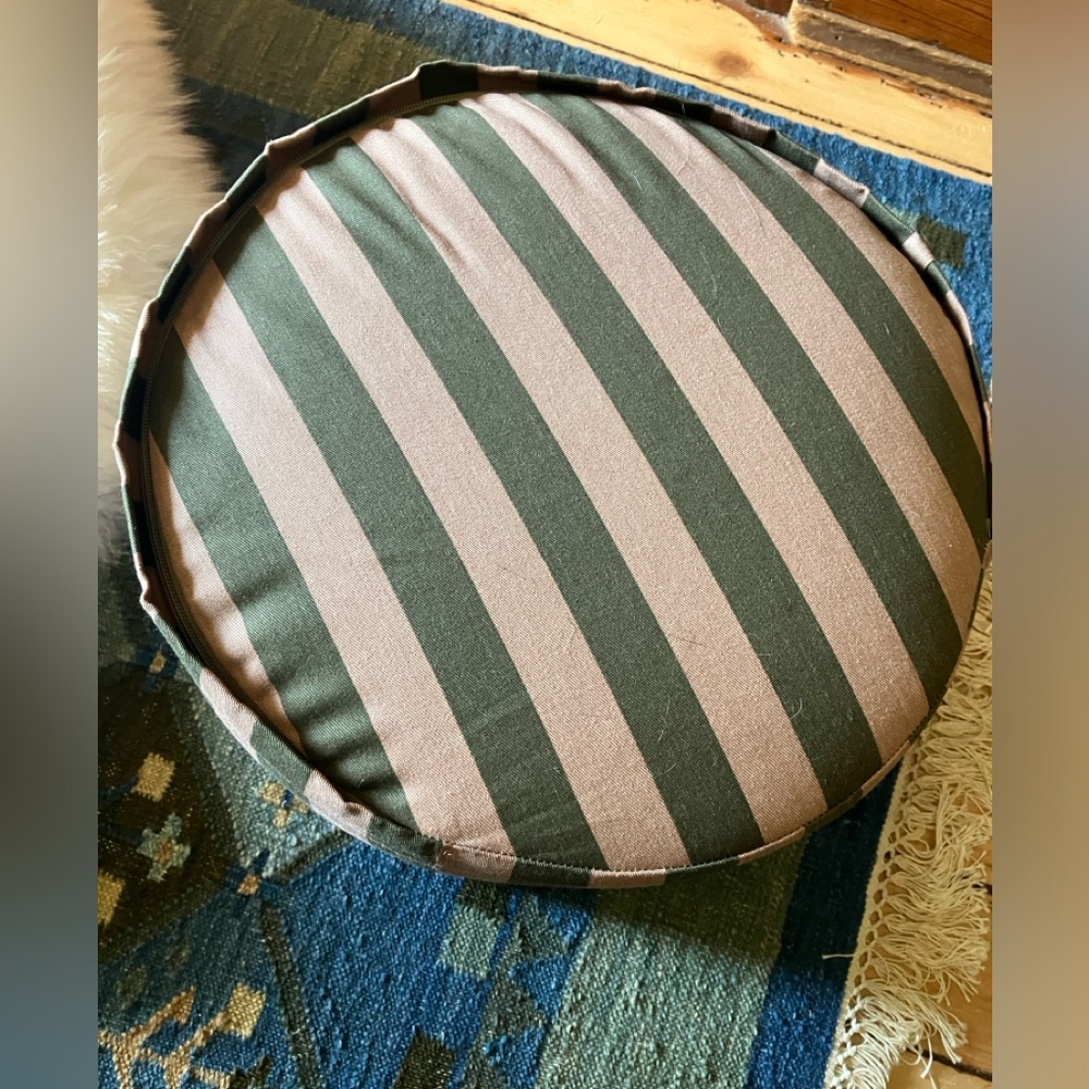 Lightly Used nobodinoz Majestic Round Stool Green Taupe Stripes Pouf Kids Room - Picture 7 of 7